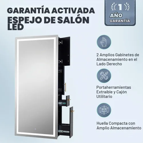 Vista 5 de Pibbs 9110 Lumina LED Salon Mirror Storage Server Gold Handle Negro