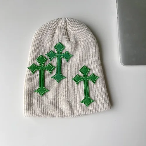 Vista 3 de Y2K - Sombrero de lana con cruz oscura, diseño de cruz, sombrero de pila suelta, sombrero de punto delgado, sombrero frío, otoño e invierno