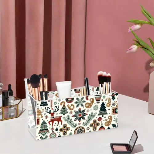 Vista 5 de Cute Christmas Deer Acrylic Brush Holder For Vanity With 4 Compartments Desk Top Pen Organizer Pen Storage Organizer Clear Desk Accessories Make Up