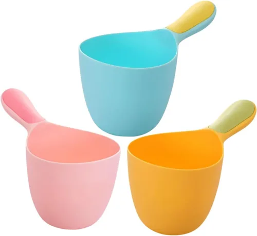 Vista 2 de Paquete de 3 cucharones de agua de plástico de 7.08 x 4.13 x 3.93 pulgadas, tazas de agua multiusos para baño, cabello, champú y cocina, diseño