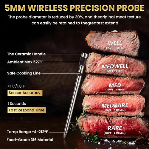 Vista 8 de Termómetro inalámbrico de carne de 800 pies, termómetro digital de cocina con 1 sonda, recargable inalámbrico, función de alarma, termómetro