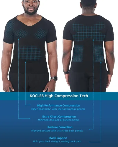 Vista 3 de KOCLES Camisas de compresión Gynecomastia para hombres, faja moldeadora adelgazante para cuerpo, camiseta de entrenamiento con cuello en V
