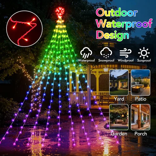 Vista 3 de Luces de Cascada de Navidad RGB Inteligentes de 16.4 Pies con Estrella, APP y Control Remoto, Espectáculo de Luz Personalizado DIY y Sincronización