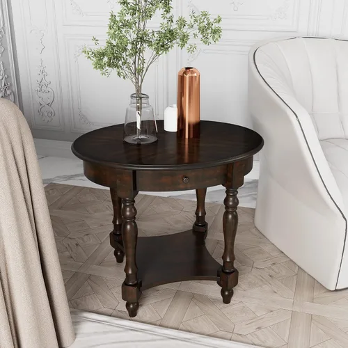 Vista 13 de Mesa auxiliar ovalada de madera con cajón y estante de almacenamiento, 22 x 28" blanco antiguo con cajón-cjz
