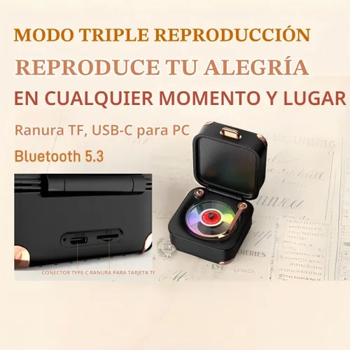 Vista 5 de Altavoz Bluetooth retro con luz de vinilo RGB, Turnables, tocadiscos pequeño, deco estética, sonido estéreo, batería larga, mini altavoz vintage
