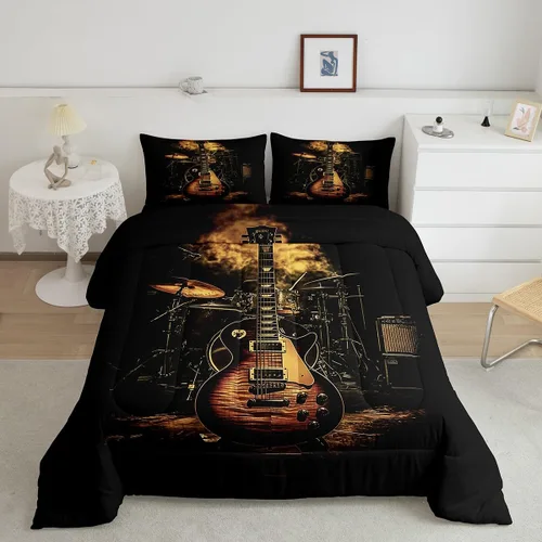 Vista 8 de Castle Fairy Juego de edredón de botas de vaquero, tamaño individual, juego de ropa de cama bohemio con guitarra musical para niños y niños