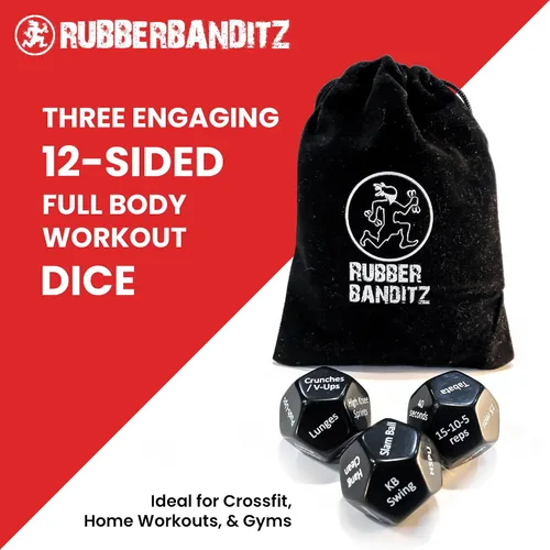Vista 2 de Rubberbanditz - Dados de fitness para ejercicio y entrenamientos Tres atractivos dados de entrenamiento de cuerpo completo de 12 lados Ideal