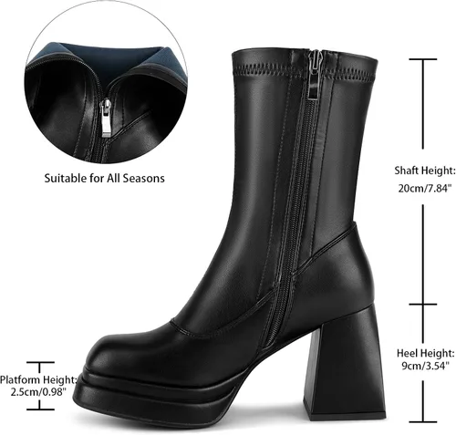 Vista 3 de WETKISS Botas de plataforma para mujer, con plataforma atrevida, tacón grueso, punta cuadrada y zíper lateral