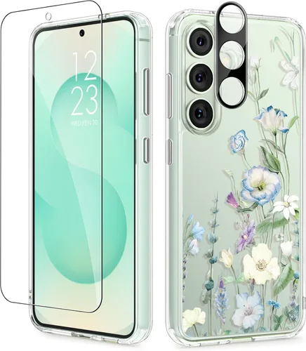 Vista 88 de GVIEWIN Funda protectora para Samsung Galaxy S25, transparente floral, delgada, a prueba de golpes, para mujer, no se pone amarilla, con protector