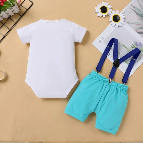Vista 3 de IMEKIS Conjunto de ropa para bebé niño con estampado de pastel de 1er cumpleaños con corbatín + tirantes + pantalones cortos + corona de baloncesto