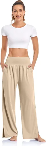 Vista 2 de UEU Pantalones de yoga de pierna ancha para mujer, cintura alta, ajustables, con lazo, casuales, holgados, talla grande, pantalones deportivos