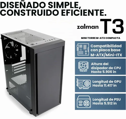 Vista 3 de Zalman Funda T3 Micro ATX, funda de PC MATX con 2 ventiladores de 4.724 in preinstalados, panel lateral de vidrio templado completo, chasis compacto