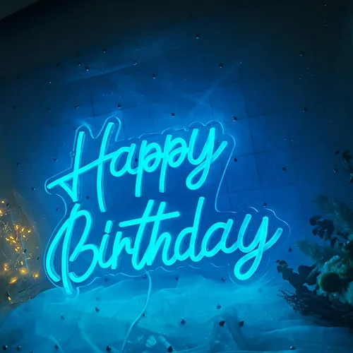 Vista 9 de Letrero de neón de feliz cumpleaños, reutilizable, luz nocturna LED de neón azul hielo, decoraciones de fiesta de cumpleaños, funciona con USB
