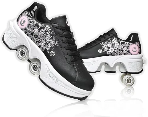 Vista 9 de Zapatos de patinaje para mujer, cuatro rondas, zapatos de patines de ruedas para niños que se convierten en patines de ruedas, zapatos ligeros al