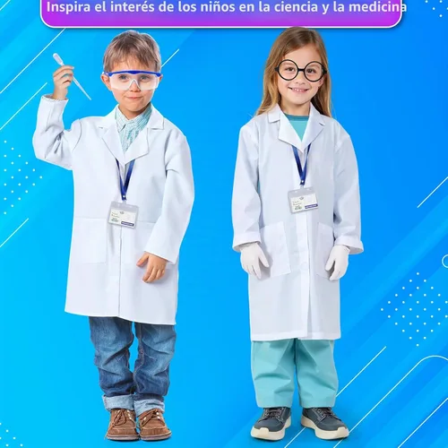 Vista 2 de UNGLINGA Abrigo de laboratorio para niños disfraz de científico juego de rol para niños y niñas, con gafas protectoras, gafas, tarjeta