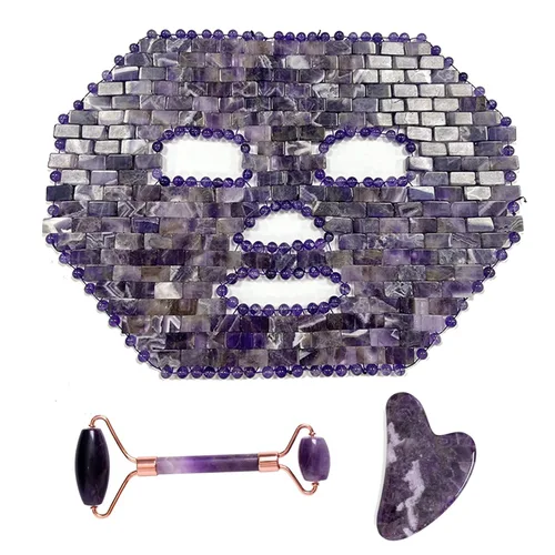 Vista 8 de Juego de máscaras faciales de jade natural con piedra de jade antienvejecimiento para dormir con máscara de ojos y rodillo de jade y Gua Sha Beauty