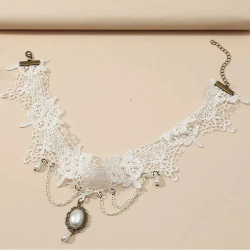 Vista 9 de Acxico Princesa Nupcial Romántico Clásico Blanco Borlas Encaje Perla Colgante Collar