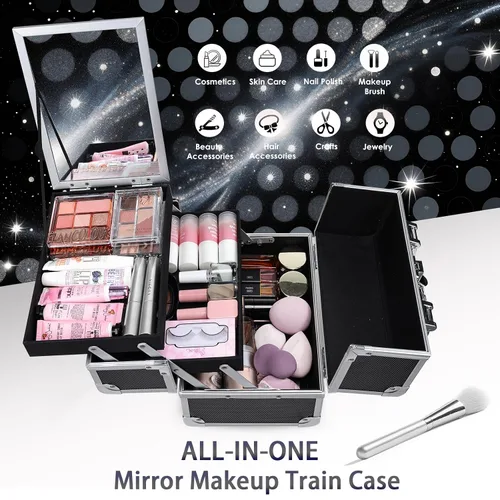 Vista 3 de FRENESSA Estuche organizador de maquillaje, caja de cosméticos, estuche portátil de maquillaje con espejo, 2 bandejas, caja de tocador de viaje