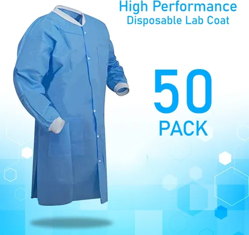 Vista 2 de Distributors - Abrigo de laboratorio desechable SMS de alto rendimiento con puños y cuello de punto, 3 bolsillos, longitud al muslo envuelta