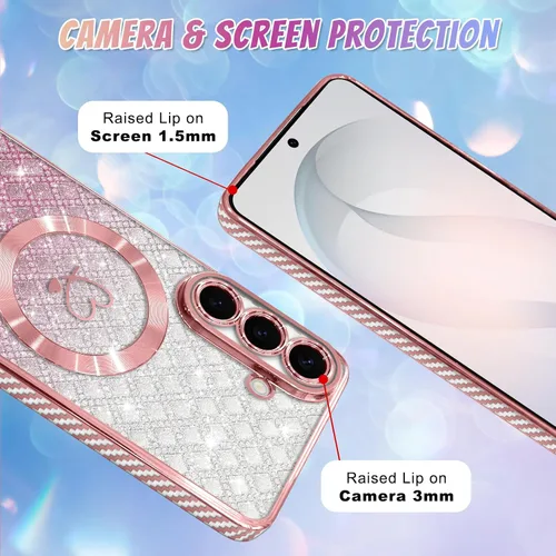 Vista 471 de Bonoma - Funda compatible con Samsung Galaxy S21 Plus, diseño de corazón con purpurina, color rosa Support for MagSafe, Plating Magnetic Case TPU