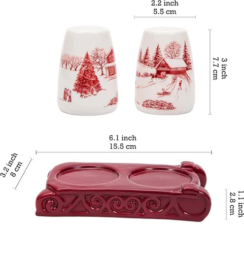 Vista 2 de Bico Toile De Jouy Winter Wonderland - Juego de salero y pimentero con soporte para trineo, coctelera de cerámica pintada a mano con soporte