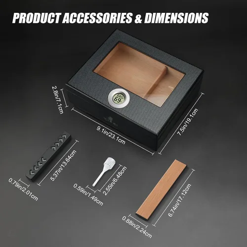 Vista 3 de XIFEI Humidor de puros, textura de fibra de carbono superior de vidrio con higrómetro digital, incluyendo humidificador de puros, divisor, caja