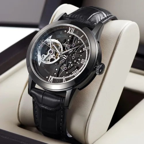 Vista 8 de OBLVLO Relojes casuales de lujo con diseño de esqueleto, oro rosa, relojes automáticos, cristal de zafiro VM-S