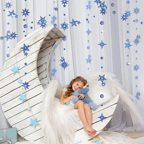 Vista 4 de Cheerland Guirnalda de Purpurina de Estrella y Luna Azul Decoraciones de Fiesta País de las Maravillas Invernal Baby Shower Serpentinas al Aire