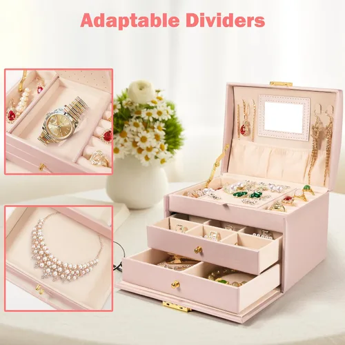 Vista 5 de Aioguisn Joyeros para niñas y mujeres, cajas de joyería de cuero de 3 capas y organizadores para niñas, joyero de viaje con espejo y cerradura