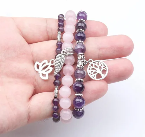 Vista 4 de UEUC - Pulseras Reiki, apilables, de piedras curativas, cristales, con dije del árbol de la vida, yoga y hoja de loto, contra la ansiedad