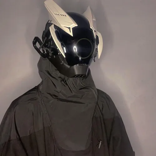 Vista 2 de Cyberpunk - Máscara para cosplay, casco futurista de guerrero Mecha con luz LED, máscara de cara completa negra de ciencia ficción, perfecto