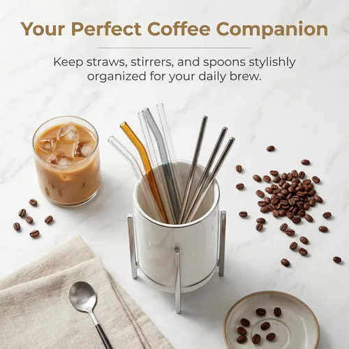 Vista 4 de Vaso de cerámica para escritorio, soporte de lápiz blanco y negro para escritorio, soporte para brochas de maquillaje de escritorio, soporte
