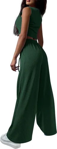 Vista 2 de PRETTYGARDEN Trajes de 3 piezas para mujer, conjuntos a juego, cárdigan de punto acanalado, camisetas sin mangas, pantalones de pierna ancha