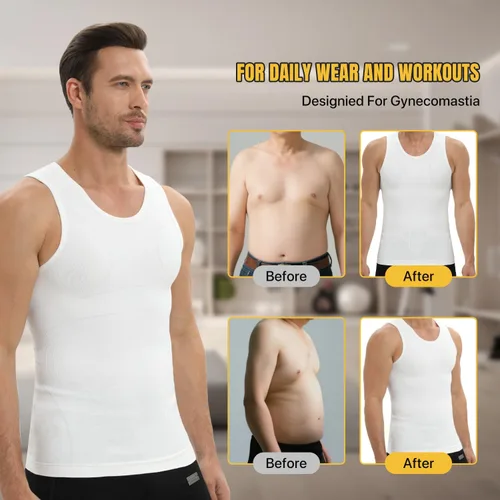 Vista 4 de Camiseta de compresión para hombre, camiseta sin mangas adelgazante, camisetas de ginecomastia, faja moldeadora de control de abdomen, chaleco