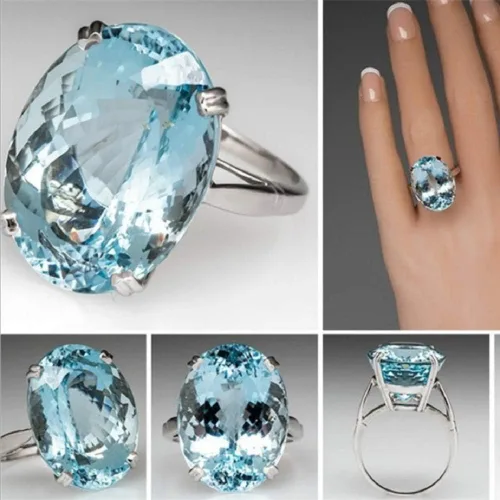 Vista 2 de MAIHAO Anillo de compromiso de plata 925 con piedras preciosas de aguamarina de corte ovalado para mujer, talla 5-11