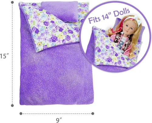 Vista 7 de June Garden Cozy Dream - Saco de dormir reversible para muñeca, juego de 2 piezas, accesorio para muñeca con almohada, se adapta a muñecas American