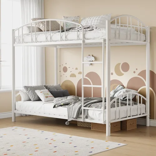 Vista 11 de Garvee - Litera individual sobre matrimonial con escalera y barandilla para niños y adultos Heavy Duty Metal Bunk Bed Frame, Sturdy Steel Slats