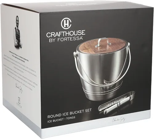 Vista 4 de Crafthouse by Fortessa Charles Joly Professional Barware - Cubo de hielo redondo de acero inoxidable con pinzas