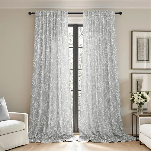 Vista 13 de Pitalk - Cortinas con patrón beige de 63 pulgadas de largo para dormitorio, 2 paneles con pestaña trasera y bolsillo, diseño de ramas de árbol