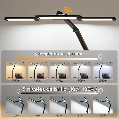 Vista 2 de ShineTech Lámpara LED de escritorio para oficina en casa, 25 modos de iluminación, lámpara LED con brazo oscilante con abrazadera, sensor de gestos