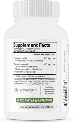 Vista 8 de Suplemento liposomal NAD+ Resveratrol – 1500 mg NAD+ y 300 mg 98% Trans-Resveratrol – Suministro de 60 días – Complejo NAD+ avanzado para energía