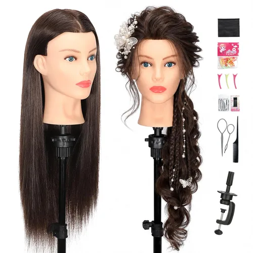 Vista 12 de Cabeza de maniquí de cabello humano, 80% cabello real, maniquí para cosmetología, con soporte de trípode para práctica de peinado, trenzado y Ámbar