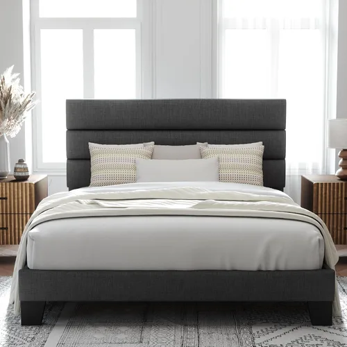 Vista 11 de Allewie Base de cama de plataforma de tamaño individual con cabecera tapizada de tela y soporte de listones de madera, base de colchón totalmente