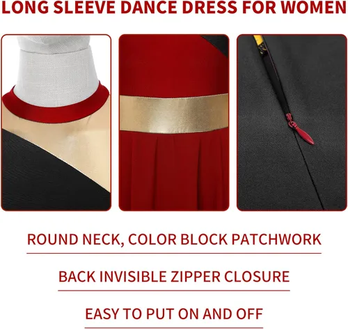Vista 5 de TiaoBug Vestido de baile de alabanza de manga larga para mujer, vestido litúrgico metálico con bloques de color, vestidos de adoración