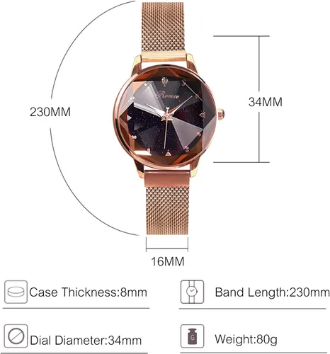 Vista 5 de RORIOS Reloj de pulsera simple para mujer, con esfera de cielo estrellado, hebilla de banda de malla, fácil de usar con diamantes simulados, reloj