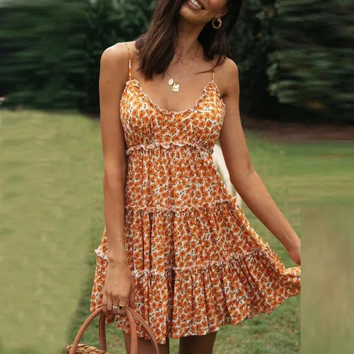 Vista 3 de Vestido de playa sexy para mujer, cuello en V, floral, tirantes delgados, vestido de verano, acampanado, vestido de cóctel