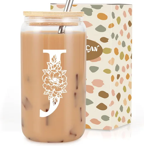 Vista 29 de Taza de Vidrio Inicial Coolife, Regalos Personalizados para Mujeres, Tazas de Vidrio de 16 oz con Tapas y Popotes, Taza para Café Helado, Licuado