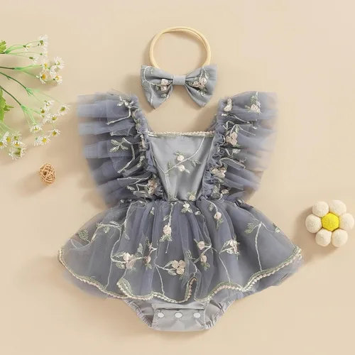 Vista 2 de Comoraecos Vestido mameluco de encaje floral para bebé, vestido de princesa con bordado de tutú y mangas para atar, sin espalda, vestido de princesa