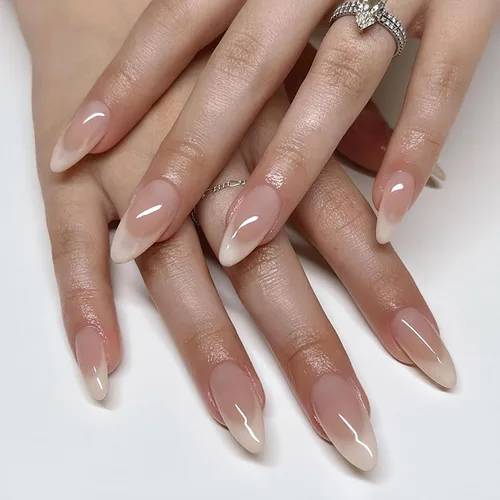 Vista 8 de Uñas postizas acrílicas artificiales con punta francesa en color nude con diseño de mariposa de cristal 3D y perla - Uñas de ataúd brillantes