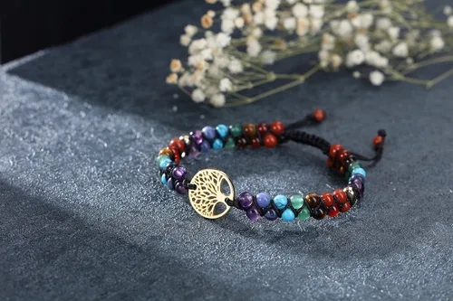 Vista 4 de GEHECRST Pulsera natural de cristal curativo de 7 chakras, cuentas redondas de reiki, pulsera elástica para mujeres y hombres, joyería de yoga